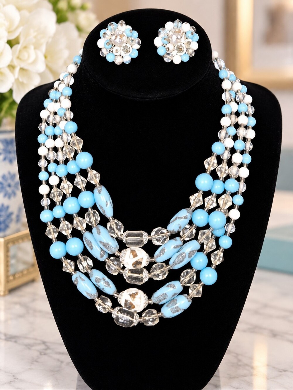 Vintage Japan Blue & White Beaded Bib Necklace & Matching Earrings Midcentury